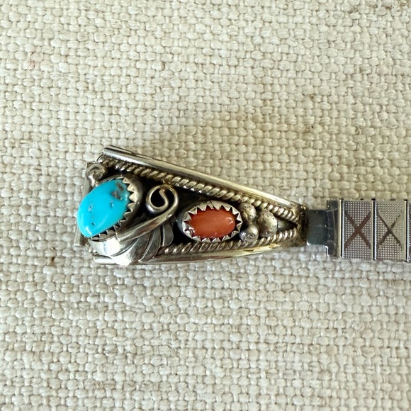 Sterling Silver Navajo Turquoise & Coral Watch Band Tips - Picture 5 of 13